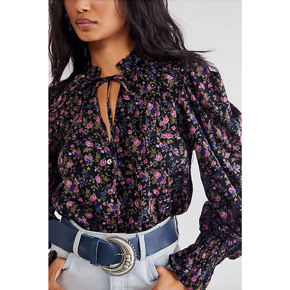 Free People Meant To Be Tie-Neck Blouse in Black Floral Top Long Sleeve - Picture 3 of 13